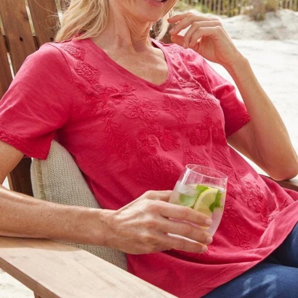 Soft Surroundings Santorini Embroidered Tee Washed Red Size XS